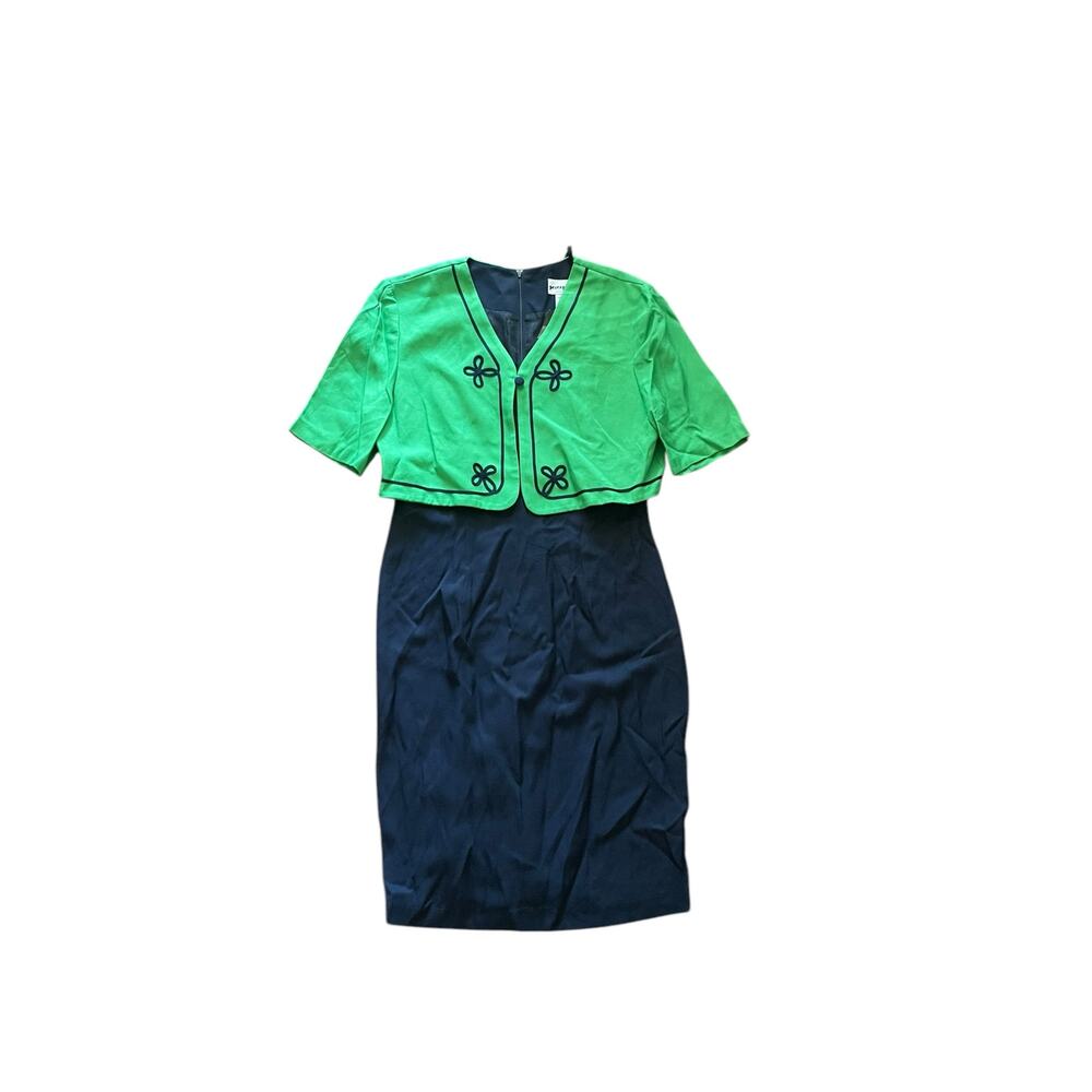 1990s Vintage Perceptions Black Green Built in Jacket Knee Length Dress Size 6